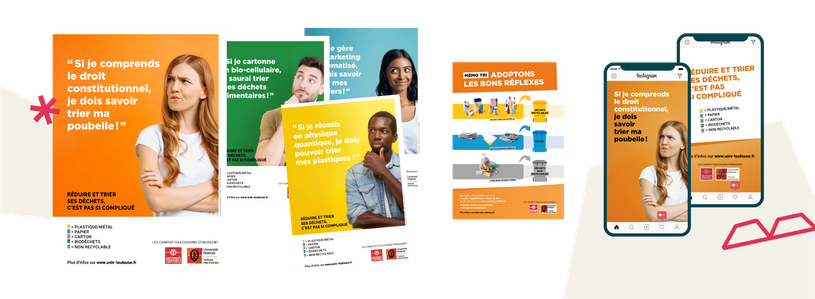 Affiches, post instagram "si je comprends le droit constitutionnel, je dois savoir trier ma poubelle" et mémo-tri pour adopter les bons réflexes