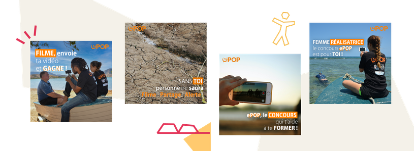 Supports pour les réseaux sociaux pour promouvoir le concours ePOP, organisé par RFI pour alerter sur le changement climatique de celles et ceux qui le subissent déjà